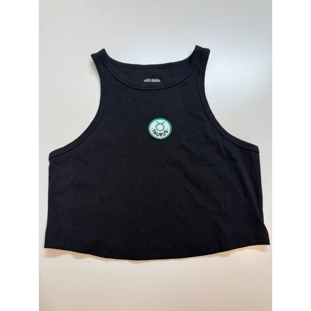 Wild Fable Taurus Zodiac Patch Ribbed Crop Tank Top Black Medium